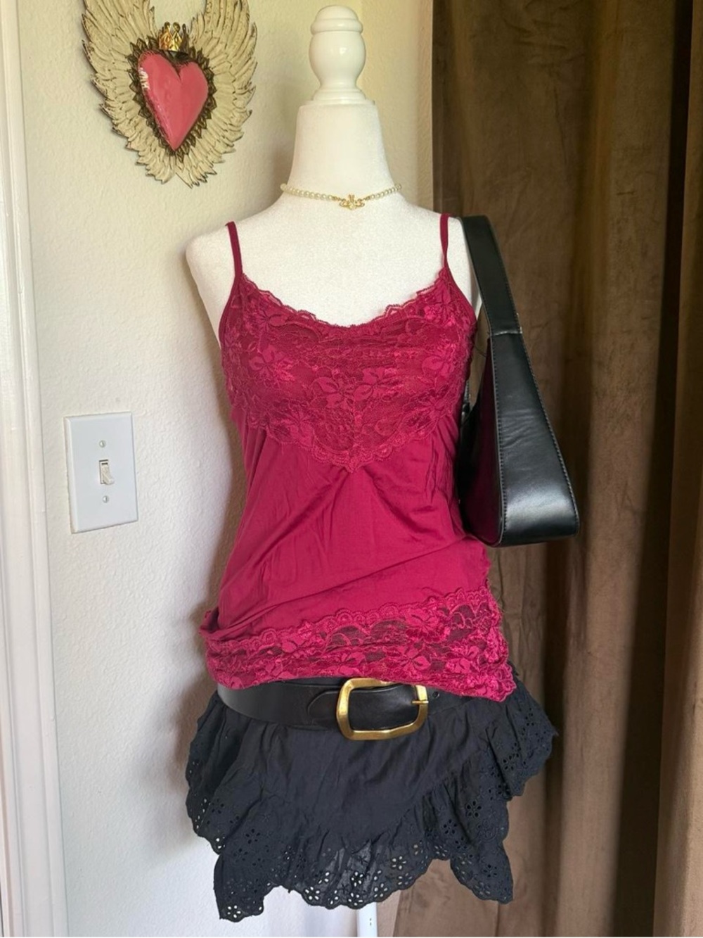 Studio Y Wine Lace-Trim Spaghetti Strap Tank
